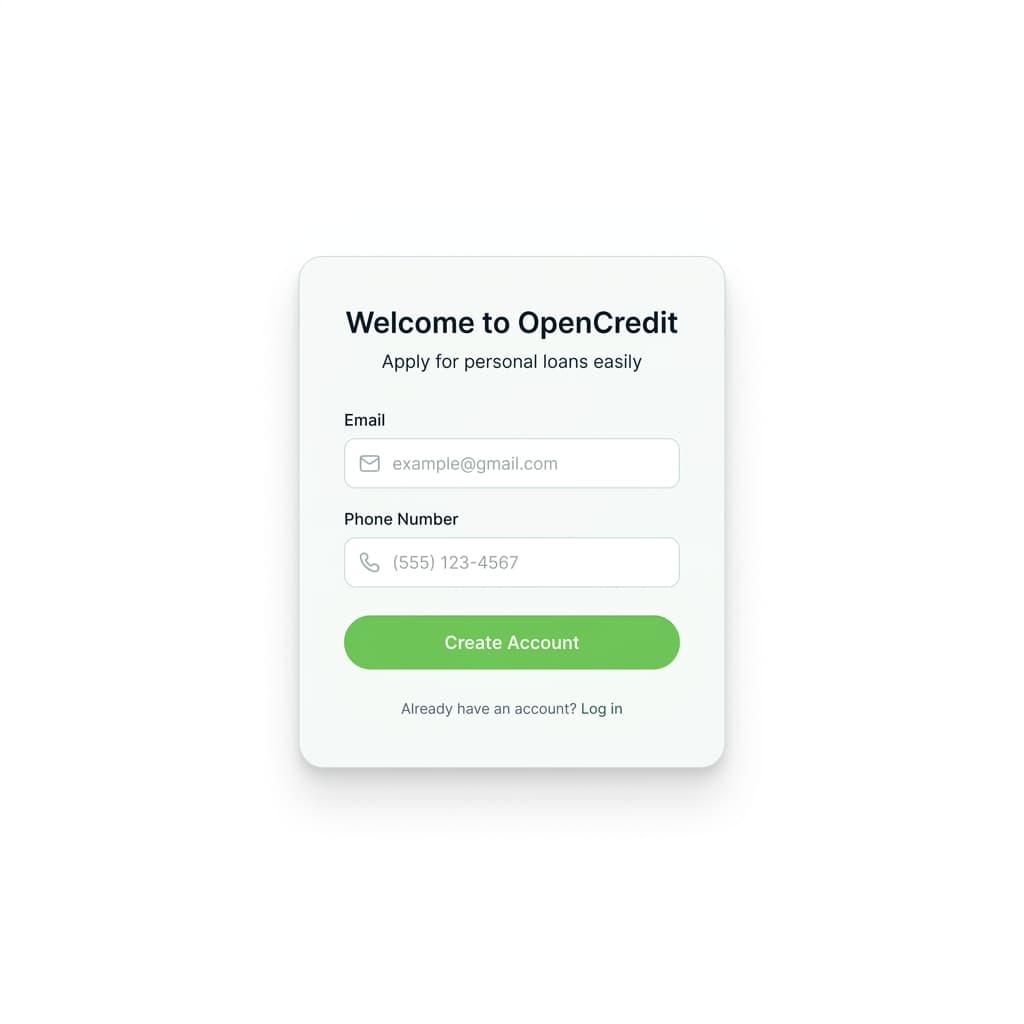 OpenCredit signup screen showing welcome form with email and phone fields