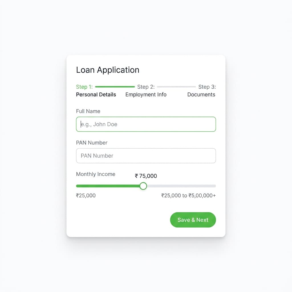 Loan application form with multi-step progress and input fields
